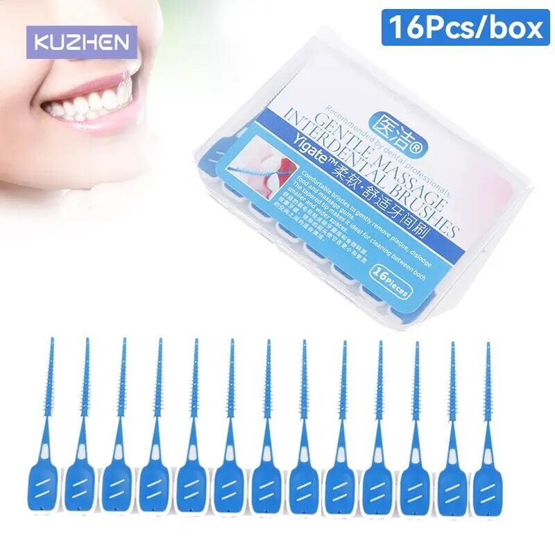 Cepillo de dientes Interdental de silicona suave para adultos, 16 unids/caja, para el cuidado bucal, limpieza de encías y dientes