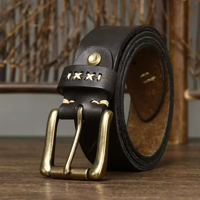 Cinturón de cuero genuino de alta calidad para hombre, cinturones de hebilla de latón de diseñador de lujo, Correa Vintage de piel de vaca pura, Jeans masculinos, 3,8 CM