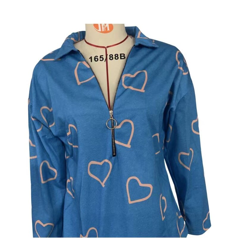 Autumn Women Zipper Blouse Spring and Autumn Fashion Heart Print Cotton Casual Long Sleeve T-shirt V-neck Top S-5XL Blue Clothes