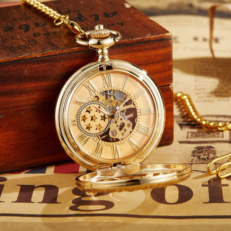 Vintage Steampunk Mechanical Pocket Watch With Chain Hollow Hand-winding Pendant Clock Men Women Gold Bronze Necklace Watch Gift
