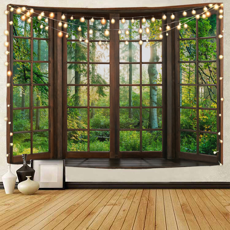 Beautiful window curtains, scenic background decoration, tapestry, night view, moonlight decoration outside the window, tapestry