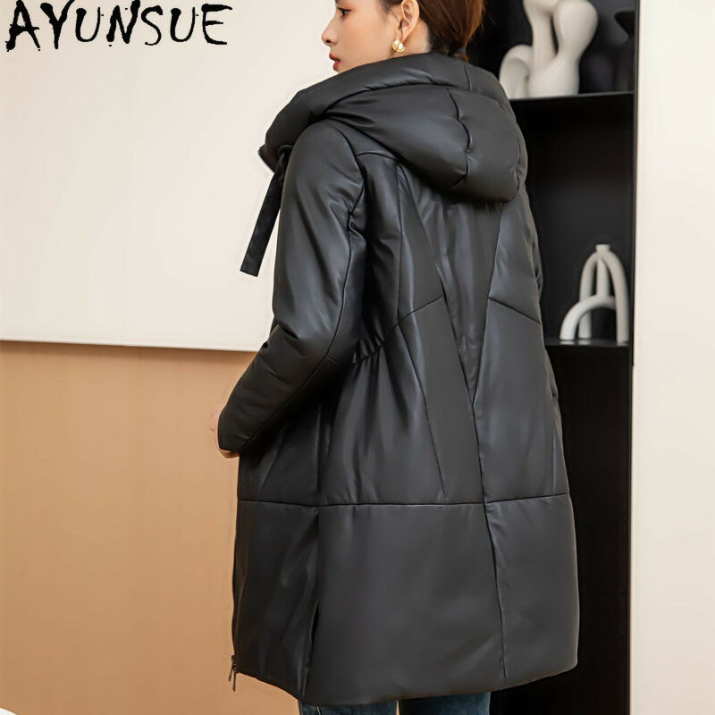 AYUNSUE-Veste en cuir de peau de mouton 100% véritable pour femme, manteau en duvet de canard blanc, parkas à capuche mi-longs, hiver 2023