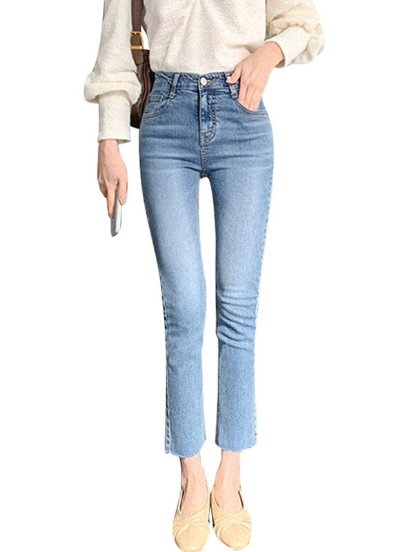 Jeans monocromáticos lavados de cintura alta para mulheres, com zíper, comprimento do tornozelo, calças jeans, streetwear de perna reta, verão, 2022