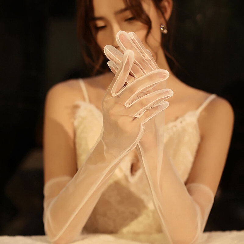 Sarung tangan pernikahan transparan wanita Vintage sarung tangan kasa putih tanpa jari mutiara Aksesori gaun pengantin pesta alat peraga foto
