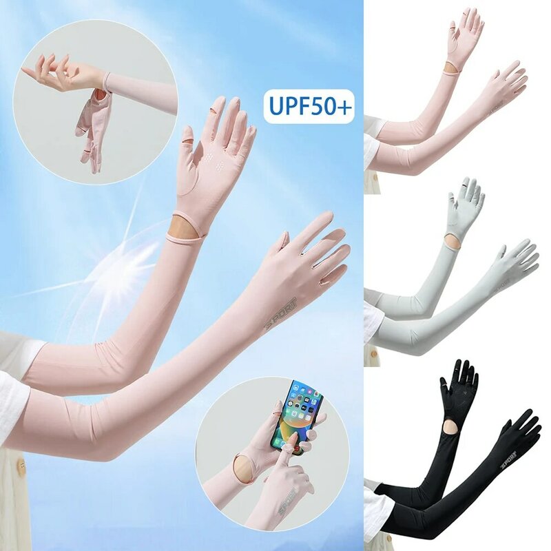 UPF 50+ Summer Dual Use Ice Silk Sunscreen Long Length Gloves Arm Covers Cuff Women Antiskid Quick Drying UV Protection Gloves