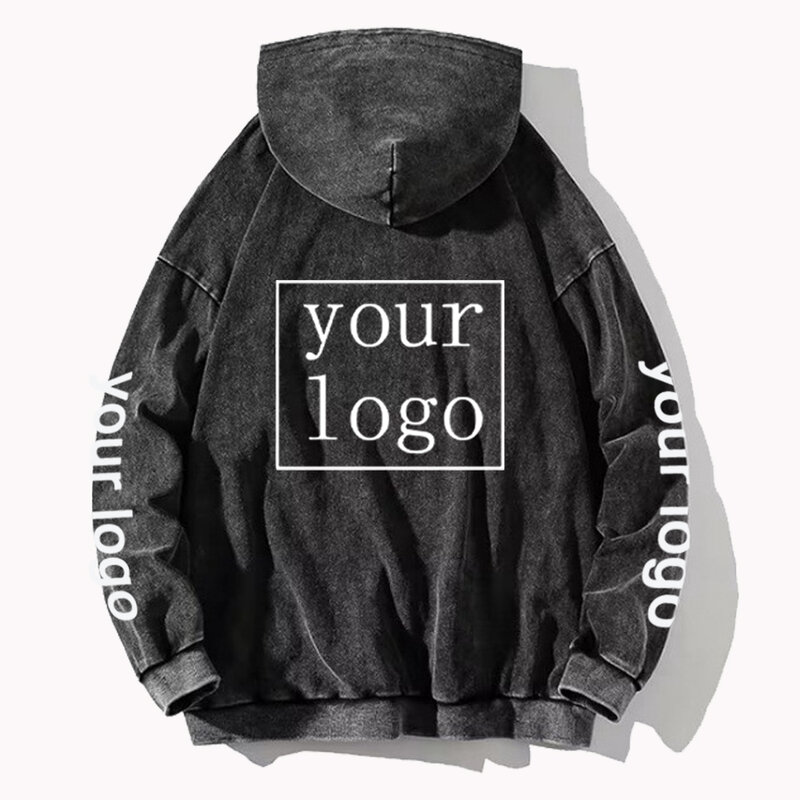 Your OWN Design-Sweat-shirt à Capuche en Coton Délavé pour Homme et Femme, Vêtement Vintage et Décontracté, Logo de Marque/Image Imprimé Personnalisé, Y2K