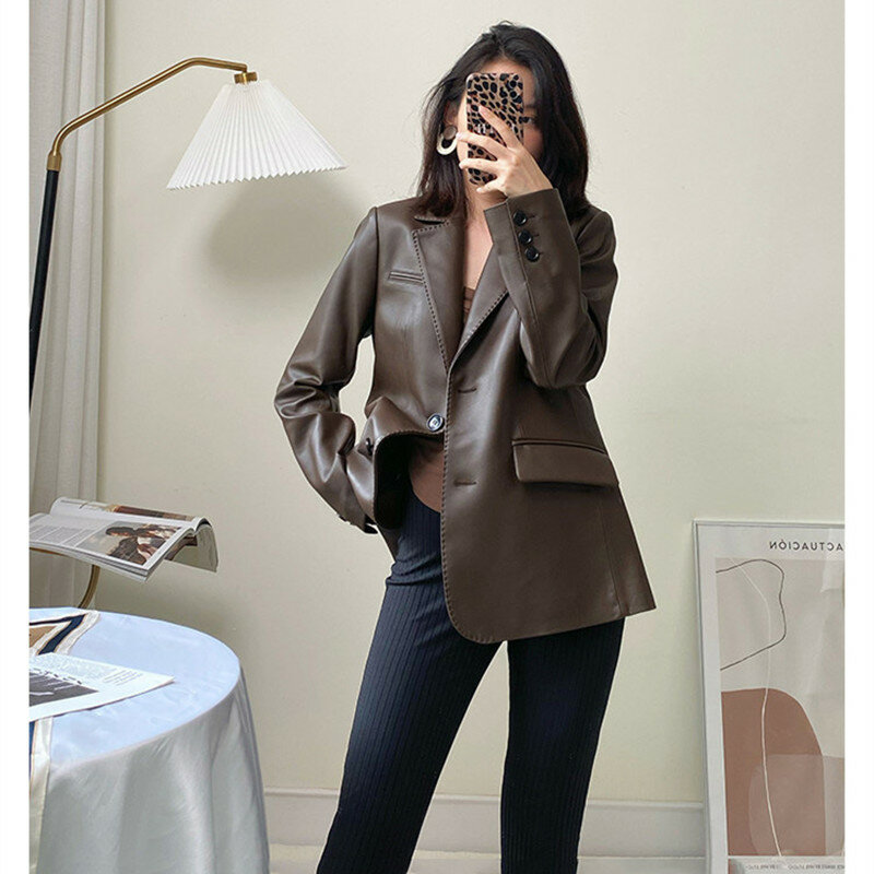 Women's Leather Suit Coat, Sheepskin, Medium Long, OL Fashion Tops, Large Size Outerwear, Spring, Autumn