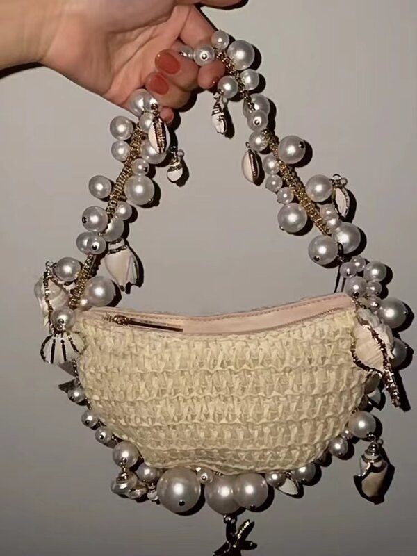 DROZENO-Bolso de mano medio redondo para mujer, bolsa de mano con diseño de conchas, estrellas de cinco puntas, hierba tejida a mano