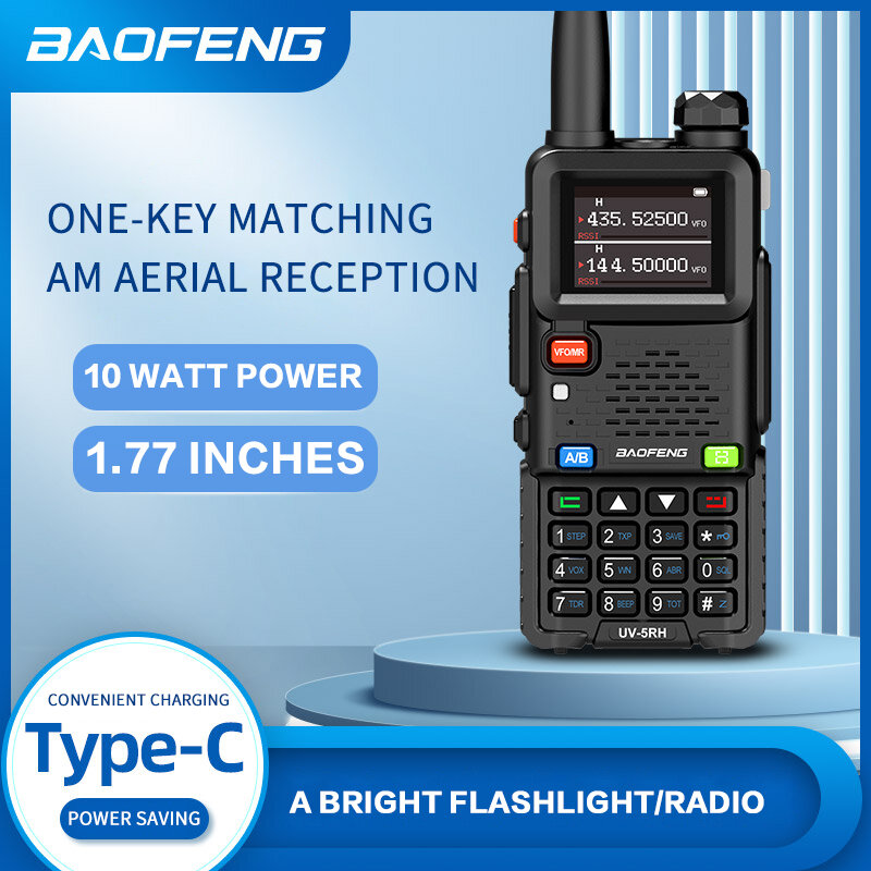 Baofeng BF-UV5RH 휴대용 워키토키 Am Fm 양방향 라디오 커뮤터 VHF 스테이션 리시버 햄 무선 세트 장거리, 10W