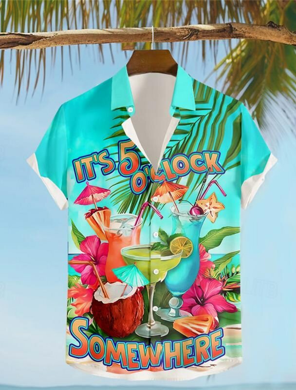 Ini 5 O'clock Somewhere Parrot pria resor Hawaii 3D baju yang dicetak berkancing lengan pendek pakaian liburan kemeja pantai musim panas