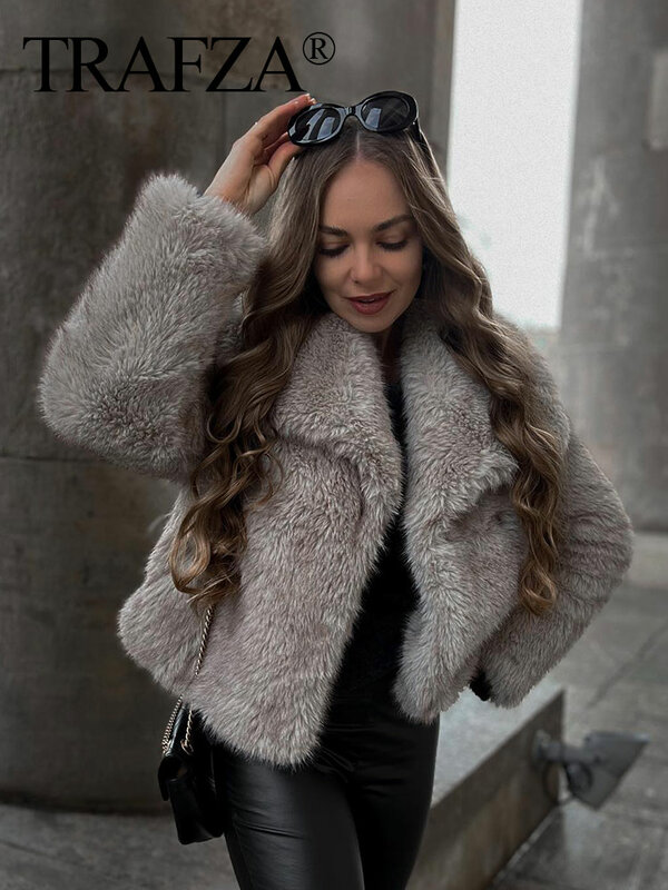 TRAFZA-Chaqueta de piel sintética para mujer, abrigo elegante de manga larga con solapa lisa, ropa de calle informal holgada, moda de invierno