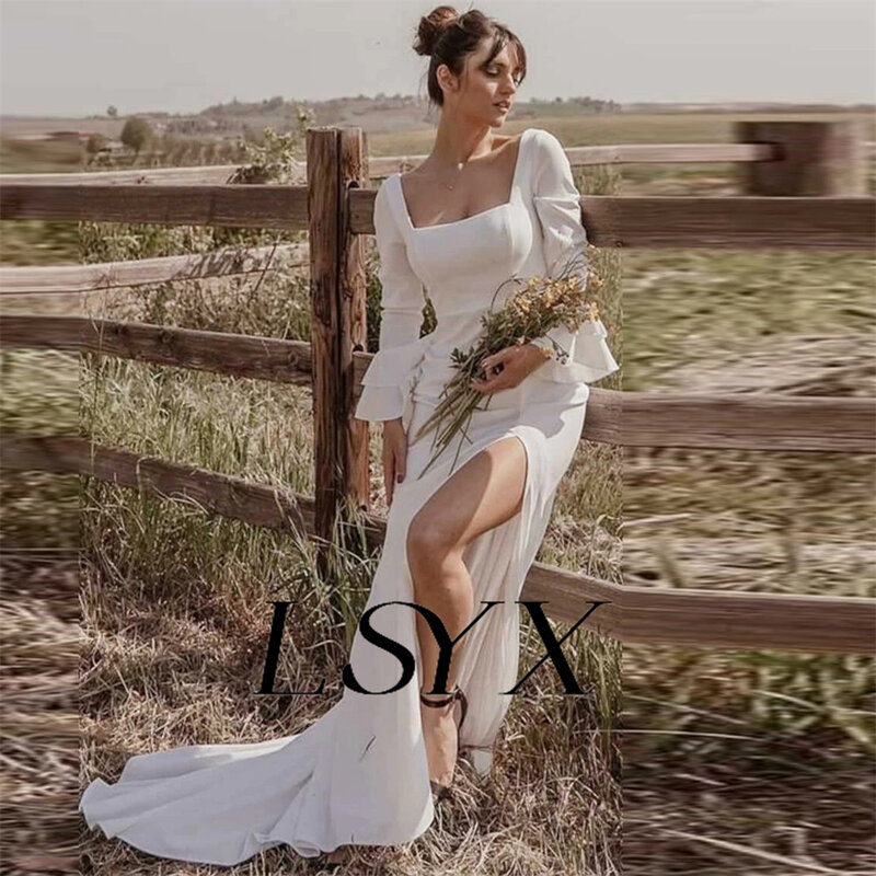 LSYX abito da sposa con maniche lunghe a sbuffo a trapezio in Chiffon con scollo quadrato aperto sul retro abito da sposa con spacco laterale alto