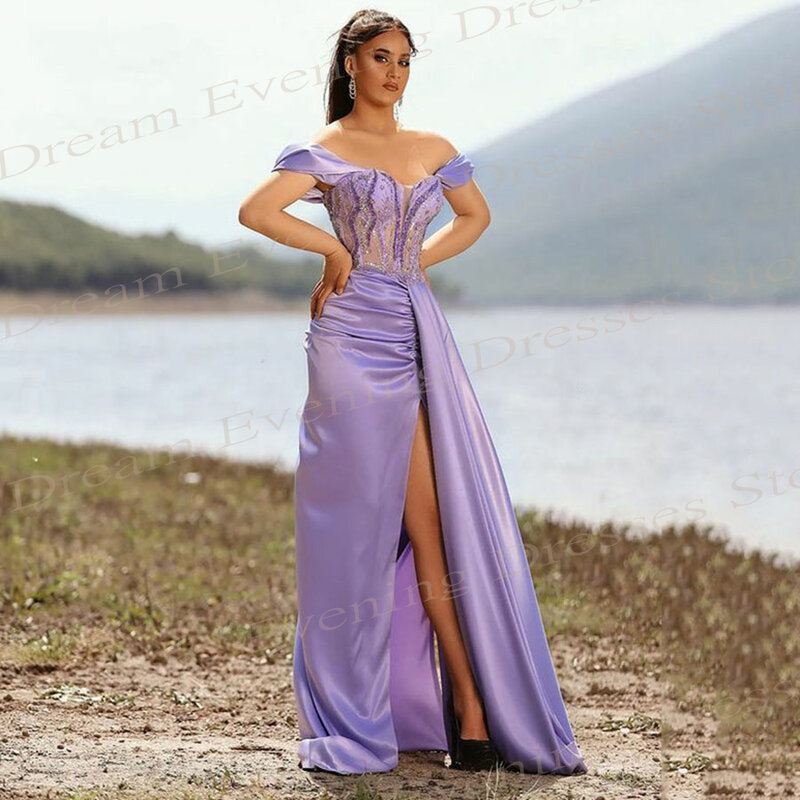 Piękne eleganckie fioletowe damskie suknie wieczorowe o kroju syreny z odkrytymi ramionami zroszony suknie na bal maturalny rozcięcie z boku Vestido De Noche