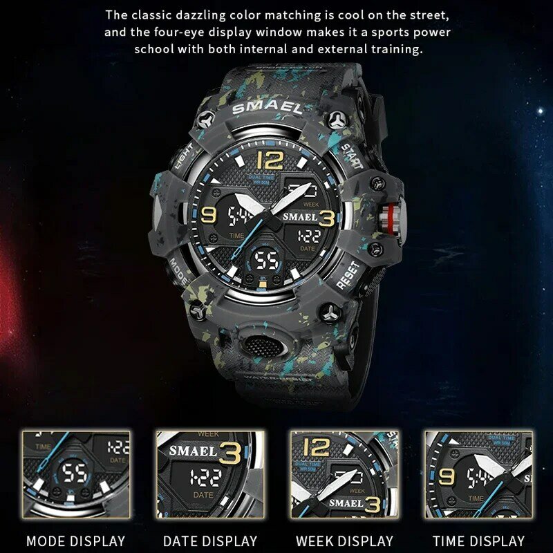 SMAEL Watch For Men Alarm Sport Stopwatch Camouflage Army Military Wristwatch Dual Time Display Digital Quartz Mens Watches 8008