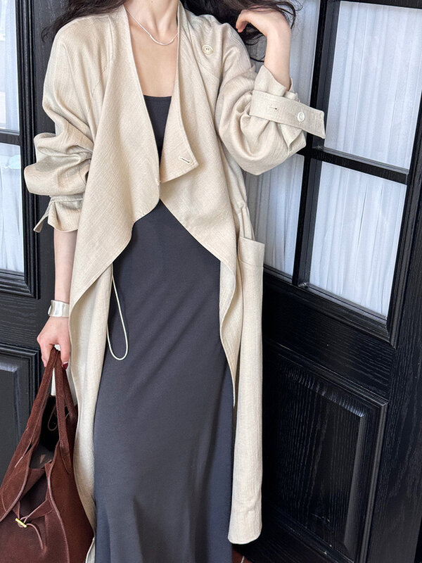 Luxus Baumwolle Leinen Ramada Blaz Frau Parka Stil Overknee Kordel zug große Taschen Langarm neu in Oberbekleidung langen Mantel