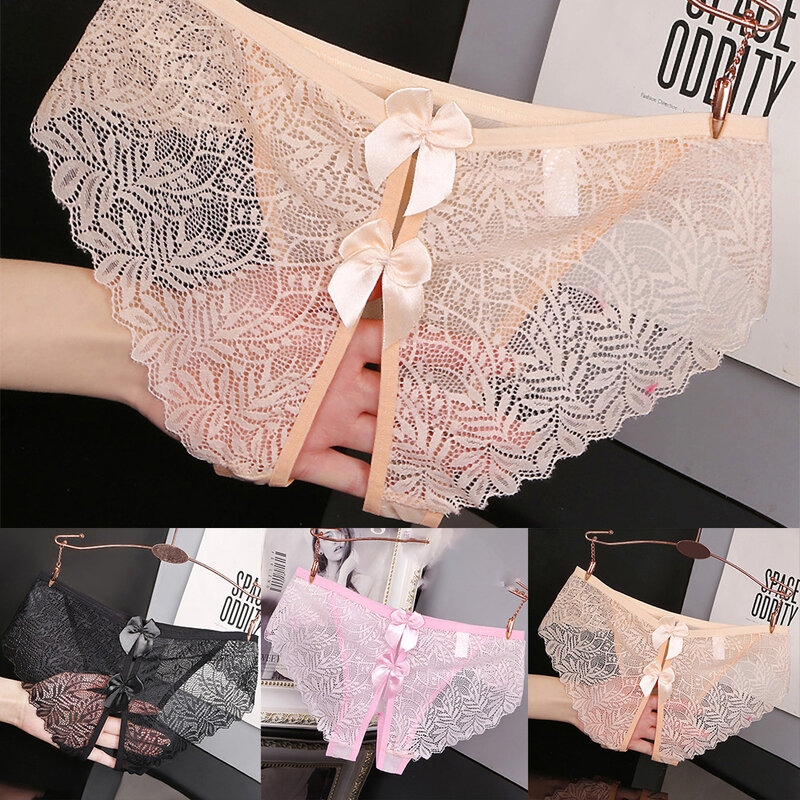 Womens Lace Open Crotch Panty  Alluring Underwear Tempting Mesh Briefs Clear Shorts Transparent Sleepwear Ultra-thin Lingerie