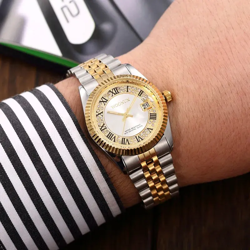 럭셔리 비즈니스 녹색 다이얼 스테인레스 스틸 쿼츠 손목 시계, 남자 다이아몬드 시계, 2020