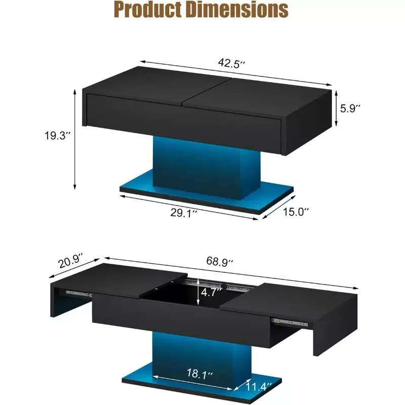 Table basse rétractable à LED, plateau coulissant avec rangement, table basse de style moderne