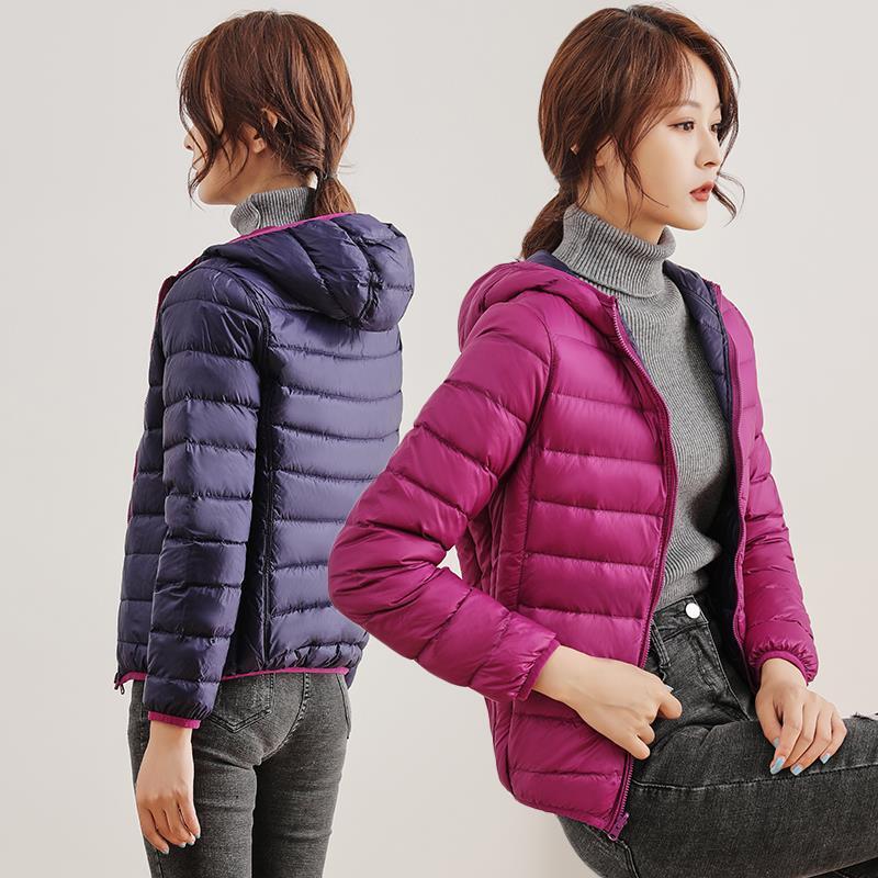 여성용 따뜻한 후드 양면 다운 재킷, 가볍고 얇은 화이트 덕 다운 코트, 짧은 퍼퍼 파카 아우터, 2024 가을 겨울