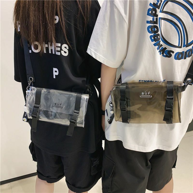 Koreanische trend ige Herren Umhängetasche transparent schwarz Flip PVC Single Shoulder Arbeits anzug maschinen fähige Nachtclub Sprung tasche