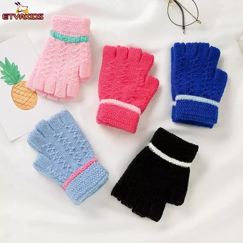 Winter Warm Half Finger Gloves Jacquard Knitted Gloves for Students Writing Kids Fingerless Gloves Children Boys Girls 4-8T