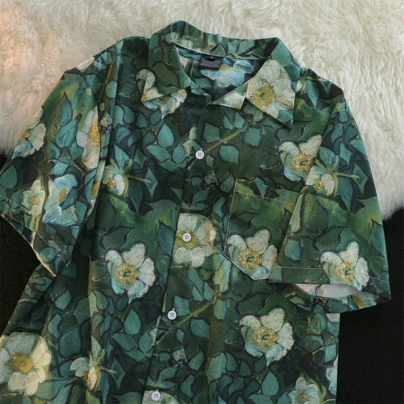 قميص زيتي كلاسيكي للرجال والنساء بأكمام قصيرة ، ياقة كوبية ، فضفاض ، معطف زوجين من Hawaii ، صيفي