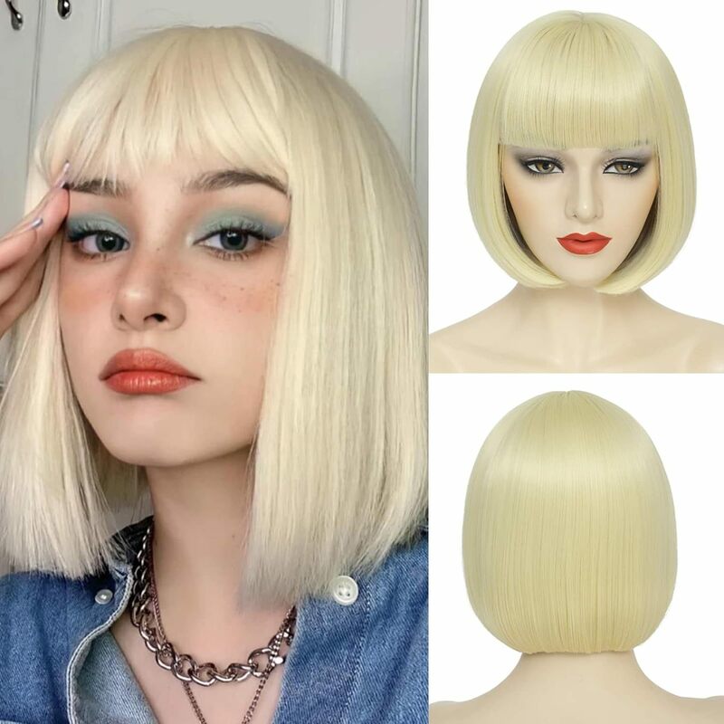 blond wigs for women Short Blonde Bobo Wig synthetic hair with Bangs Women's Synthetic Cosplay Wig Heat Resistant Natural Hair