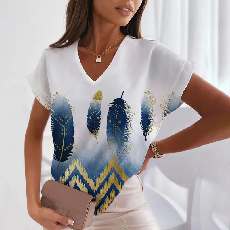 Женская футболка с V-образным вырезом, коротким рукавом и 3D-принтом в виде перьев
