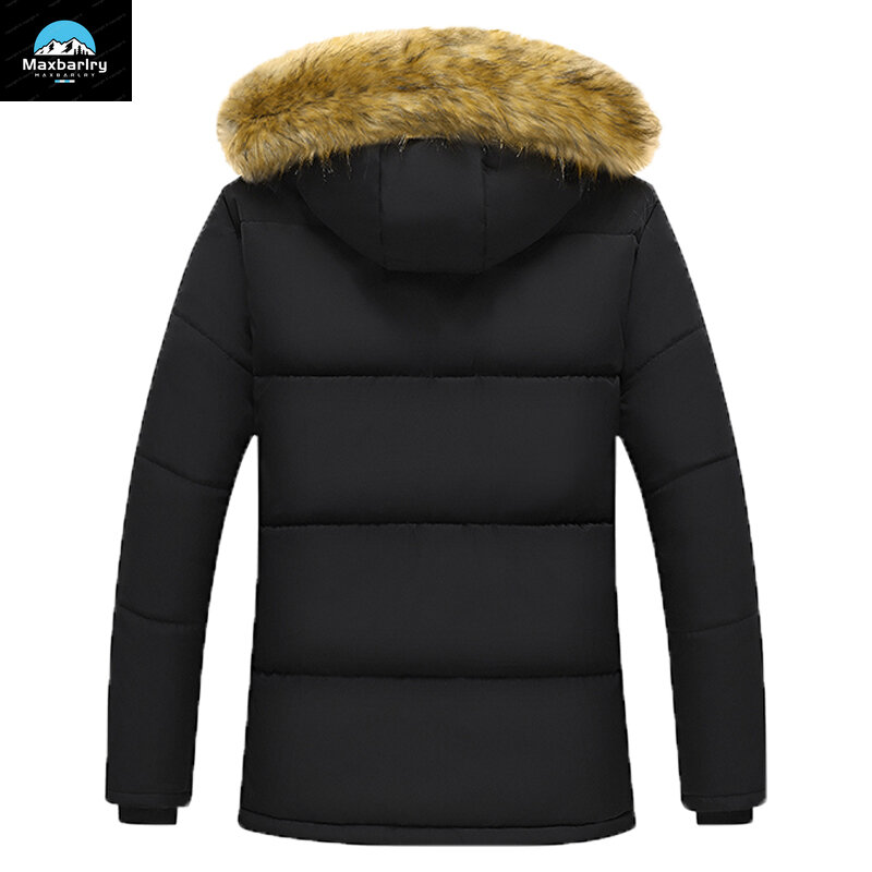New Casual Men Winter Parka Fleece Lined Thick Warm Hooded Fur Collar Coat Male Size 5XL Plush Jacket  Work Outwearing Black
