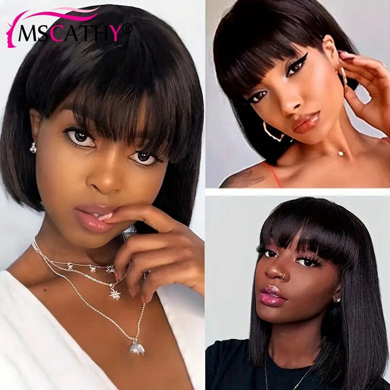 14 Inch Brazilian Remy Human Hair Wigs for Women Wear and Go Full Machine Made Short Bob Wig with Bangs Natural Black on Sale