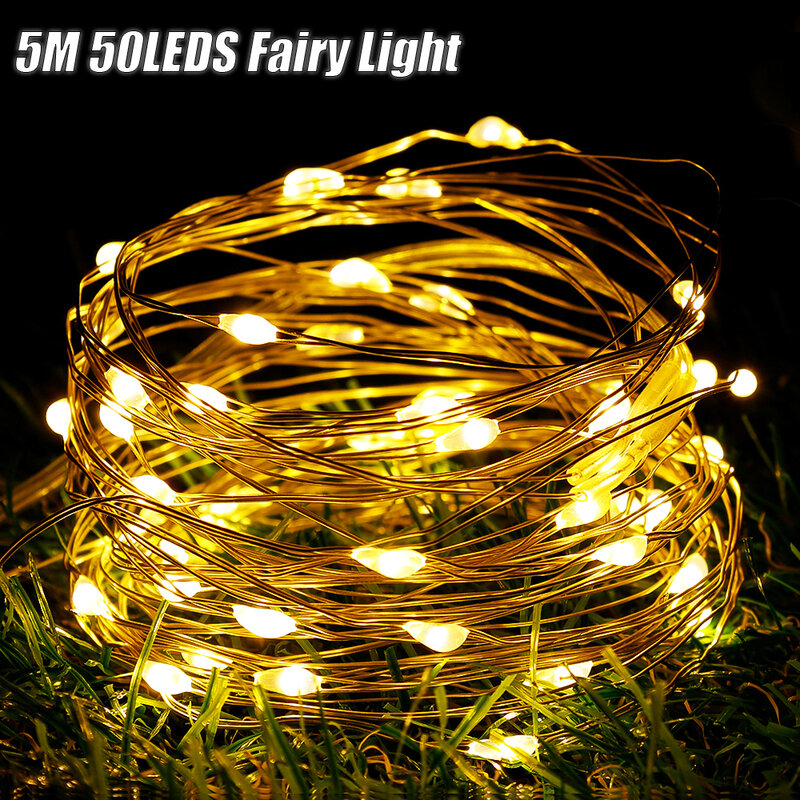 String de luz de fada led, de fio de cobre, alimentado por bateria, 5m, para jardim, natal, festa de casamento, decoração de casa
