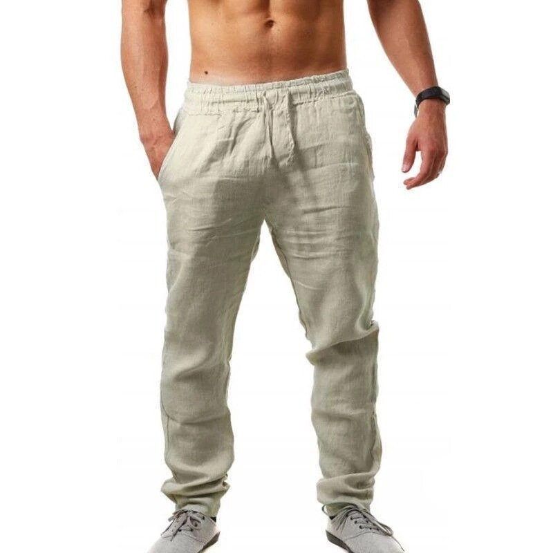 Moda cor sólida simples calças de verão cintura elástica calças esportivas dos homens novos respirável algodão linho calças esportivas my242