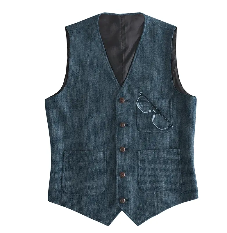 Heren Pak Formele V-Hals Wollen Groene Visgraat Tweed Casual Vest Formeel Zakelijk Vest Groomman Voor Bruiloft
