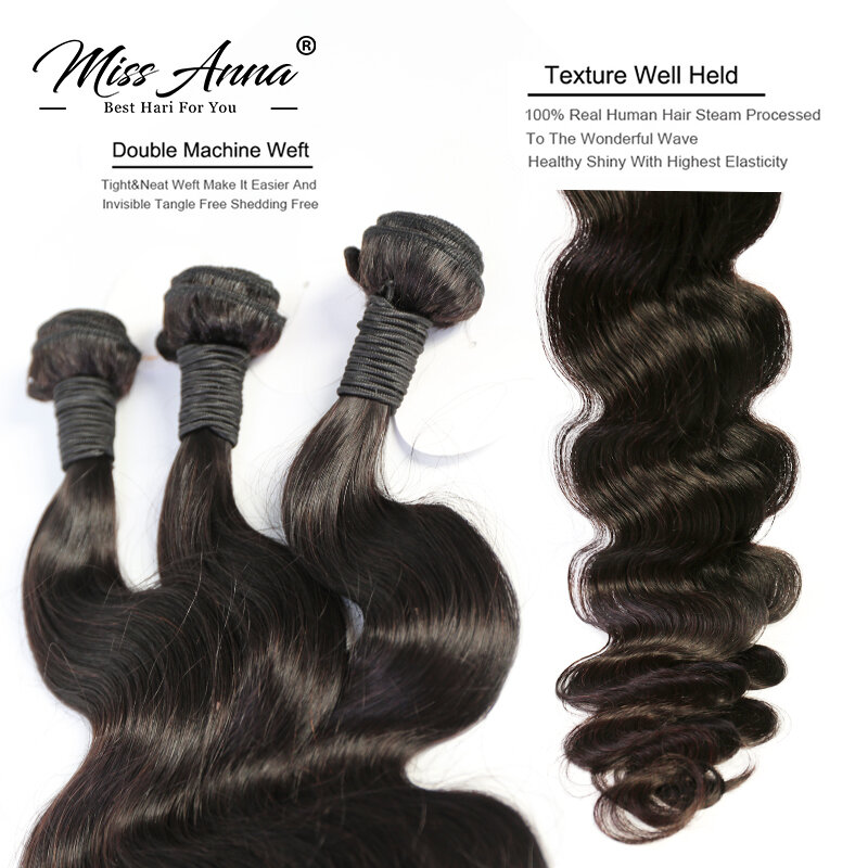 Missanna-extensiones de cabello humano brasileño ondulado, 3 y 4 mechones, color negro Natural, 38 y 40 pulgadas