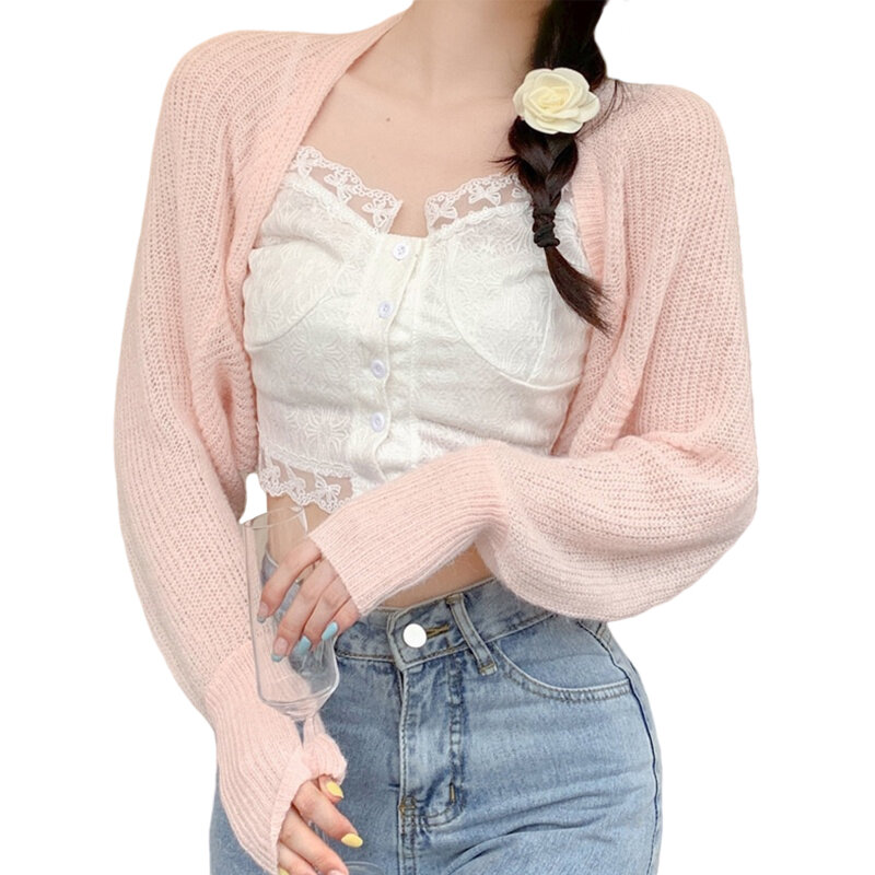 Women's Open Front Bolero Shrug Long Sleeve Solid Color Sun Protection Knit Cropped Cardigan