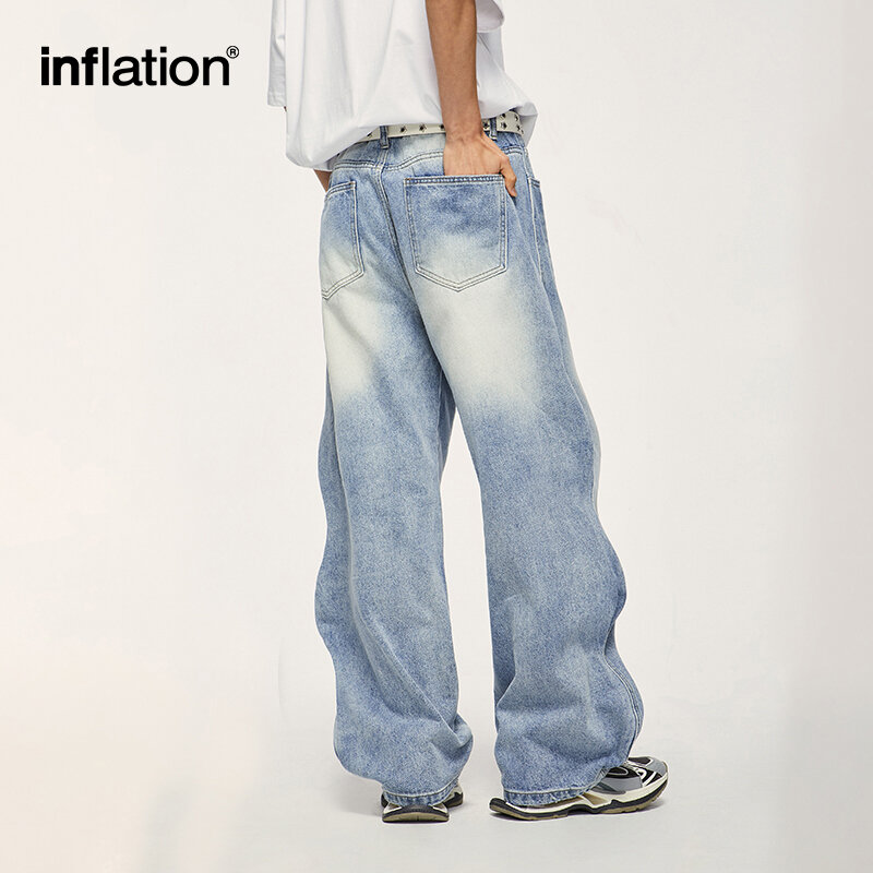 INFLATION merek Baggy lebar kaki Boyfriend Jeans Unisex Vintage dicuci biru celana Denim celana pria ukuran besar