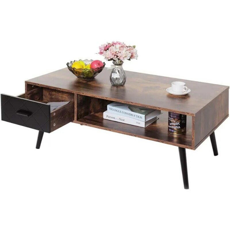 Coffee Table with Storage for Living Room, Coffee Table with Drawer and Shelf for Reception Room, Office