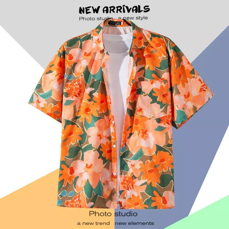 Camisa havaiana de manga curta masculina, botão lapela, estampada de moda, camisa florida, retrô Hong Kong, férias na praia, verão