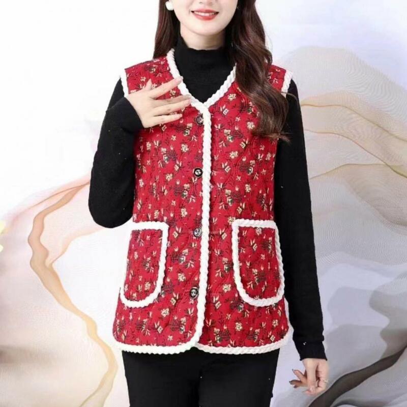 Women Winter Waistcoat Floral Print Padded Plush Vest Stylish Winter Cardigan with Windproof V Neck Pockets for Women