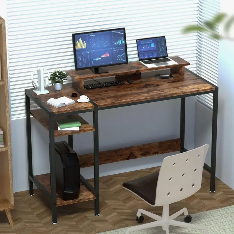 Mesa para computador com suporte para monitor, mesa para escritório doméstico, mesa de escrita rústica para 2 monitores, espaço de armazenamento ajustável, 47"