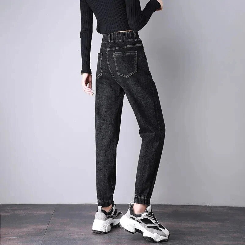 Dżinsy joggery damskie koreańskie nowe proste spodnie z wysokim stanem do kostek do kostek wiosenno-jesienne luźne w stylu Casual spodnie dżinsowe