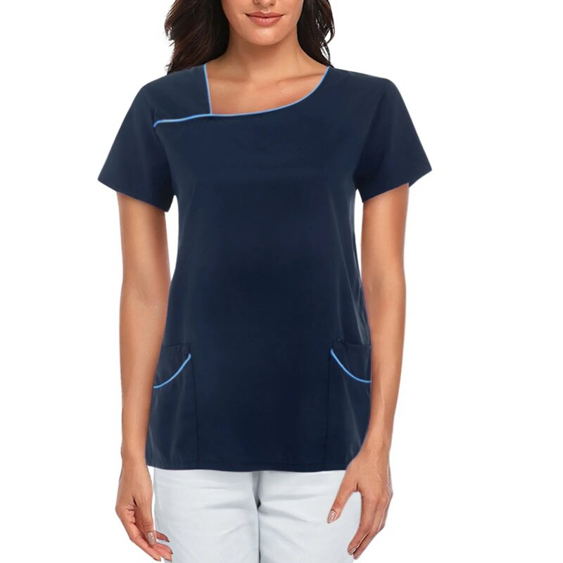 Women's Short Sleeve V-Neck Pocket Care Workers T-Shirt Tops Solid Color Loose Casual Blouse Simplicity Female Nurse Uniform
