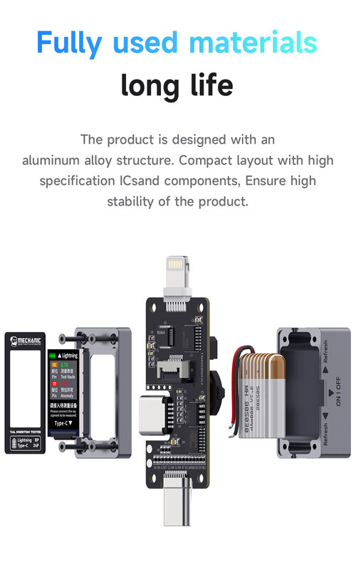 MECHANIC deteksi otomatis cerdas ekor steker tester LCD digital deteksi presisi untuk Lightning/tipe-c Antarmuka