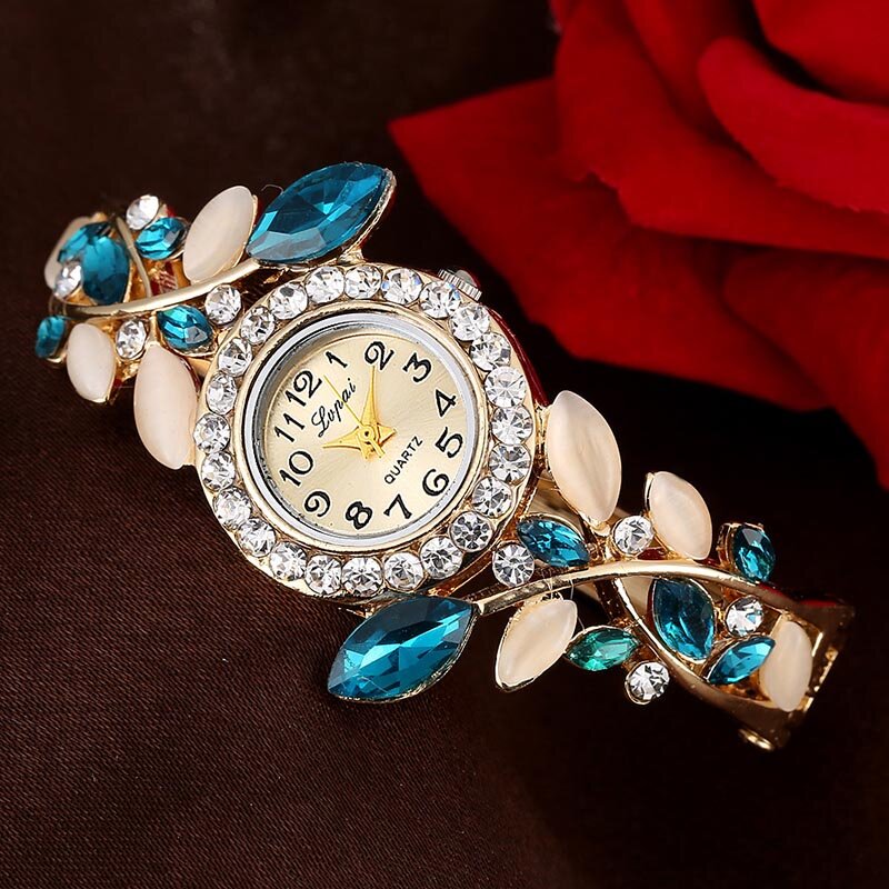 Jam tangan gelang kristal bulat wanita, arloji gelang bunga Quartz Aloi elegan untuk perempuan