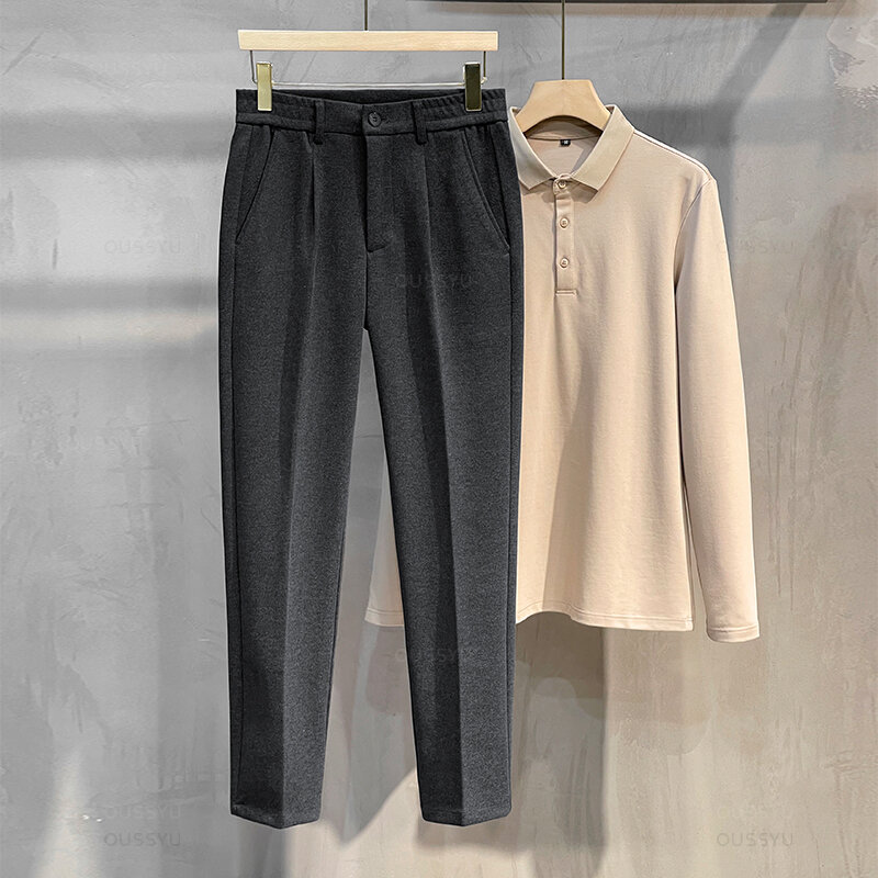 กางเกงผู้ชายทรงตรงสไตล์เกาหลี27-38, กางเกงเอวยางยืดแนวธุรกิจหนาสีน้ำตาลสีเทา celana setelan ฤดูใบไม้ร่วงฤดูหนาว