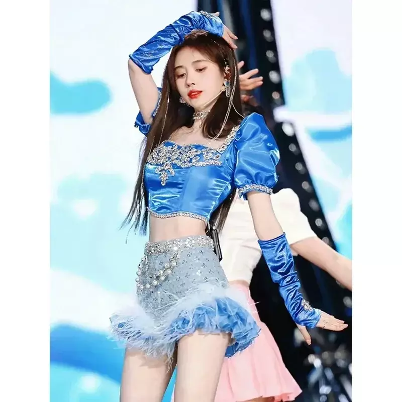 Kostum panggung penyanyi Korea penyanyi Kpop, pakaian kristal biru lengan gelembung atasan bulu rok wanita Dj pakaian Jazz