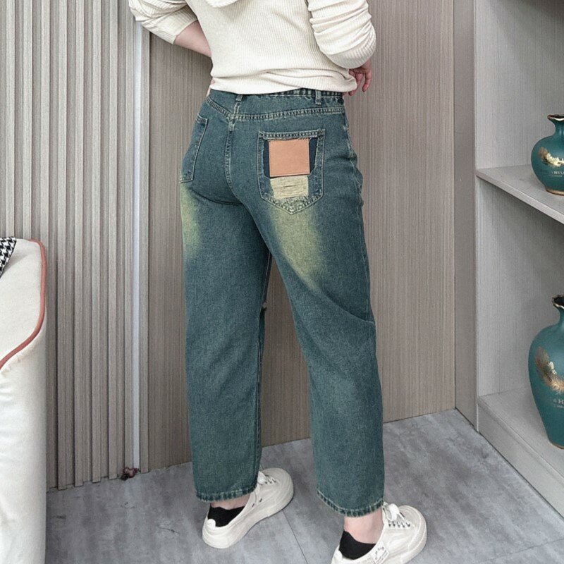 กางเกงยีนส์เอวสูงของผู้หญิงกางเกงฮาเร็มยาวถึงข้อเท้ามีรูทรงหลวมไซส์พิเศษสำหรับฤดูใบไม้ผลิ2024ฤดูร้อน