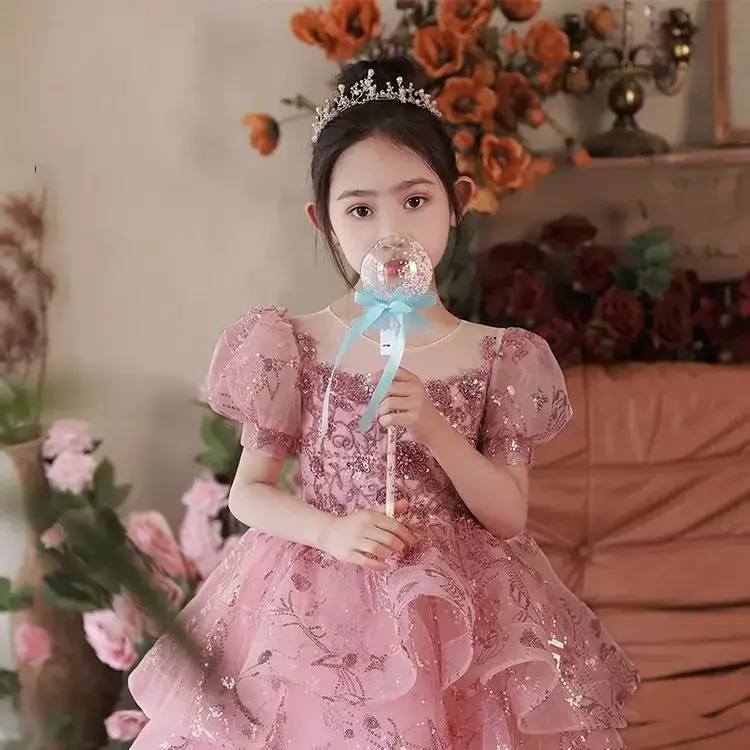 Flower Girl Dress Piano Performance Dress 2024 Spring New Little Girl Pink Fluffy Yarn Show Host Dress