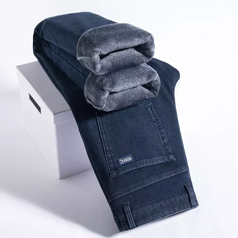 Celana panjang bulu domba lurus pria, Jeans hangat musim dingin kasual longgar gaya klasik warna Solid merek pakaian pria 3 warna