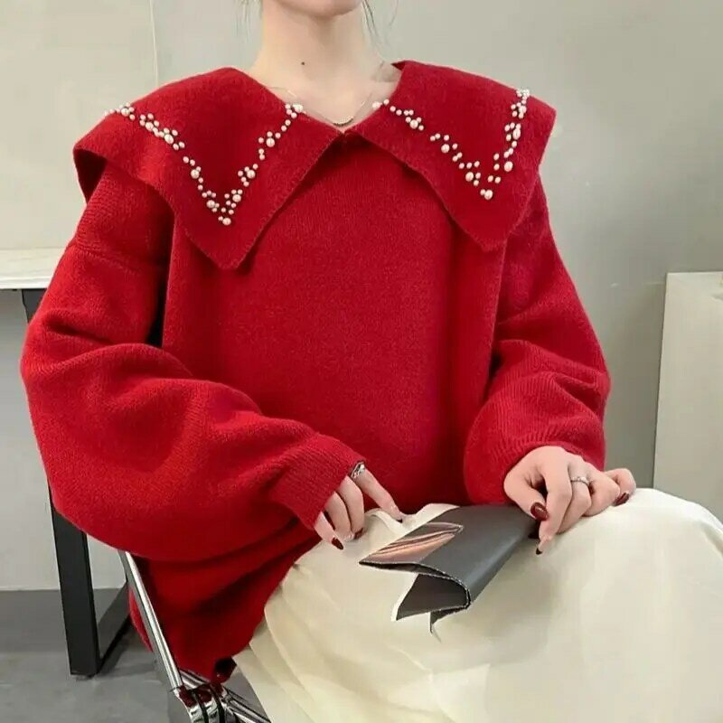 Hsa 여성용 빨간 인형 칼라 비즈 스웨터, 귀여운 가을 및 겨울 신상, 느슨한 서양 스타일, 레드 스위트 풀오버